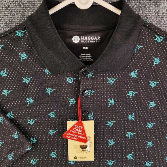 NWT Haggar Medium Short Sleeve Black Teal Swordfish Print Polo Shirt Stretchy - Picture 1 of 16